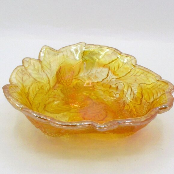 Vtg Carnival Glass Amber Blackberry Leaf Iridescent Decorative Bowl U - Picture 4 of 4